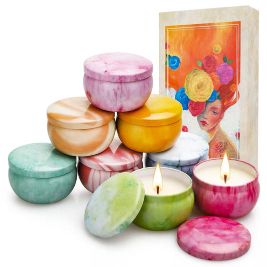 Eight-pack candles in floral and fruity scents packaged as a holiday gift set