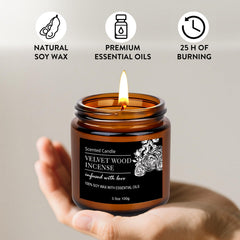 Sandalwood scented soy candle in a dark glass jar
