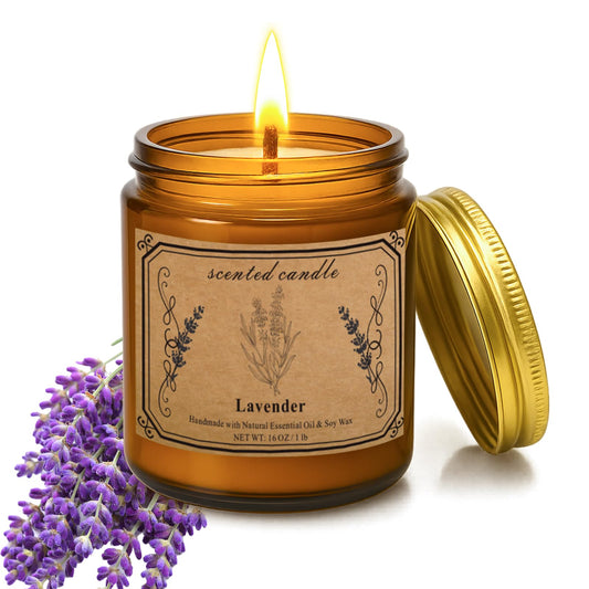 16oz lavender soy wax candle in amber glass jar with gold lid