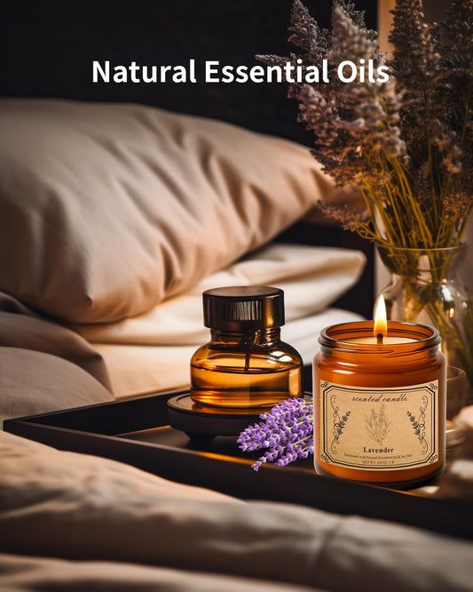 Amber glass jar lavender candle with label