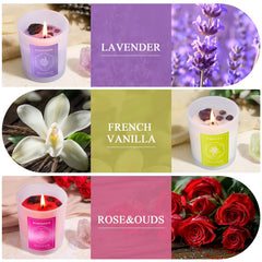 Close-up of lavender candle with clear glass jar.