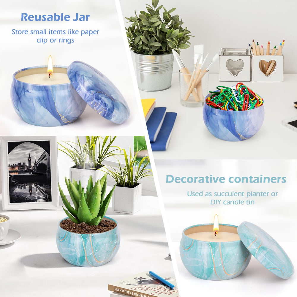 Four candle gift set containers arranged to show variety