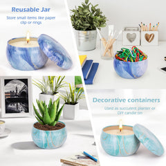Four candle gift set containers arranged to show variety