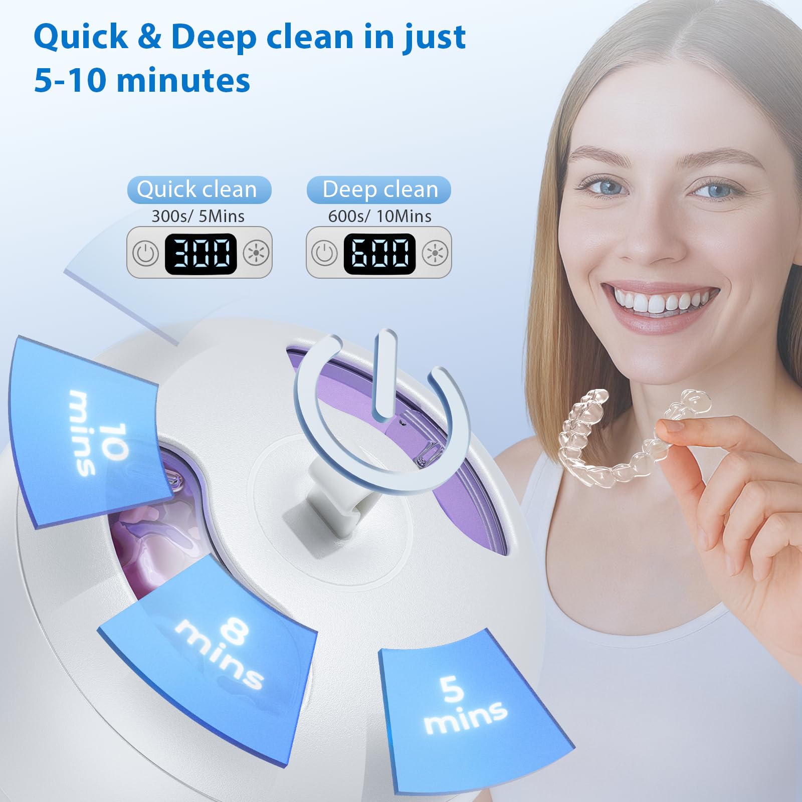 Three timer settings for quick, daily, and deep cleans