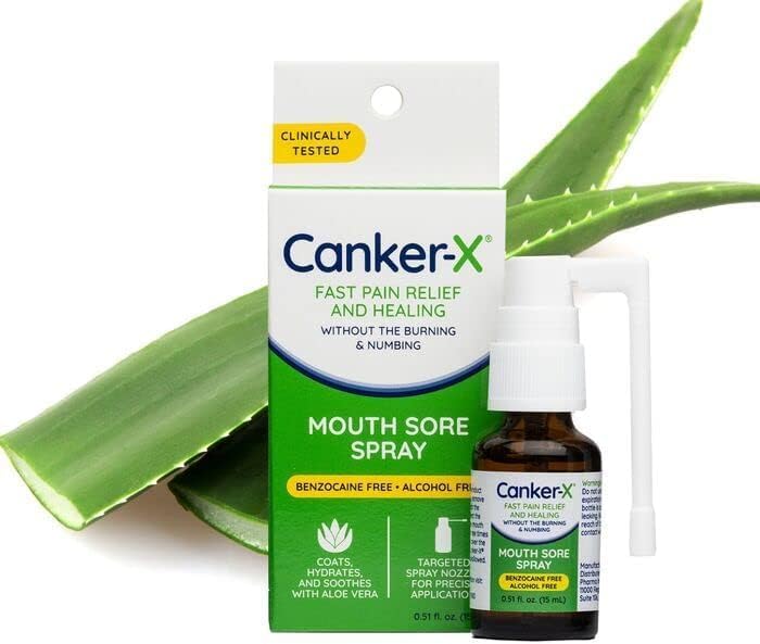 Canker-X Mouth Sore Spray bottle with spray nozzle attached  angled view