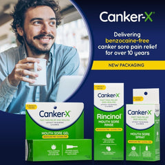 Close-up of the Canker-X label showing benzocaine-free and alcohol-free