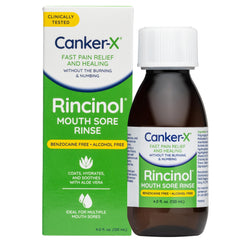 Canker-X Rincinol Oral Rinse bottle label close-up (4 oz)