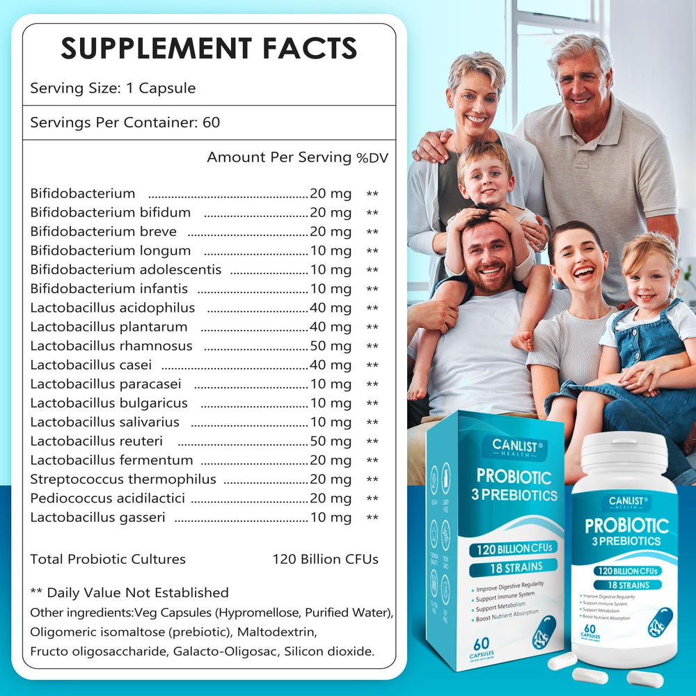 Label showing 18 probiotic strains and 120 billion CFUs