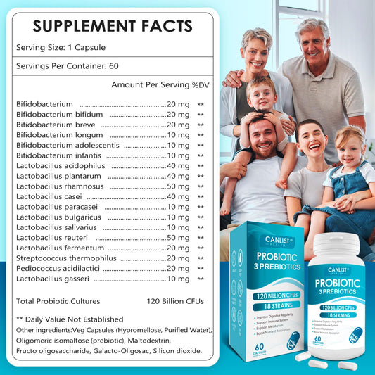 Label showing 18 probiotic strains and 120 billion CFUs