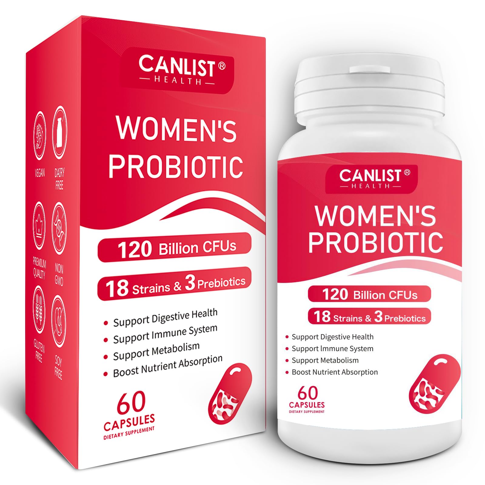 CANLIST Women's Probiotics bottle label with 120B CFUs and 18 strains