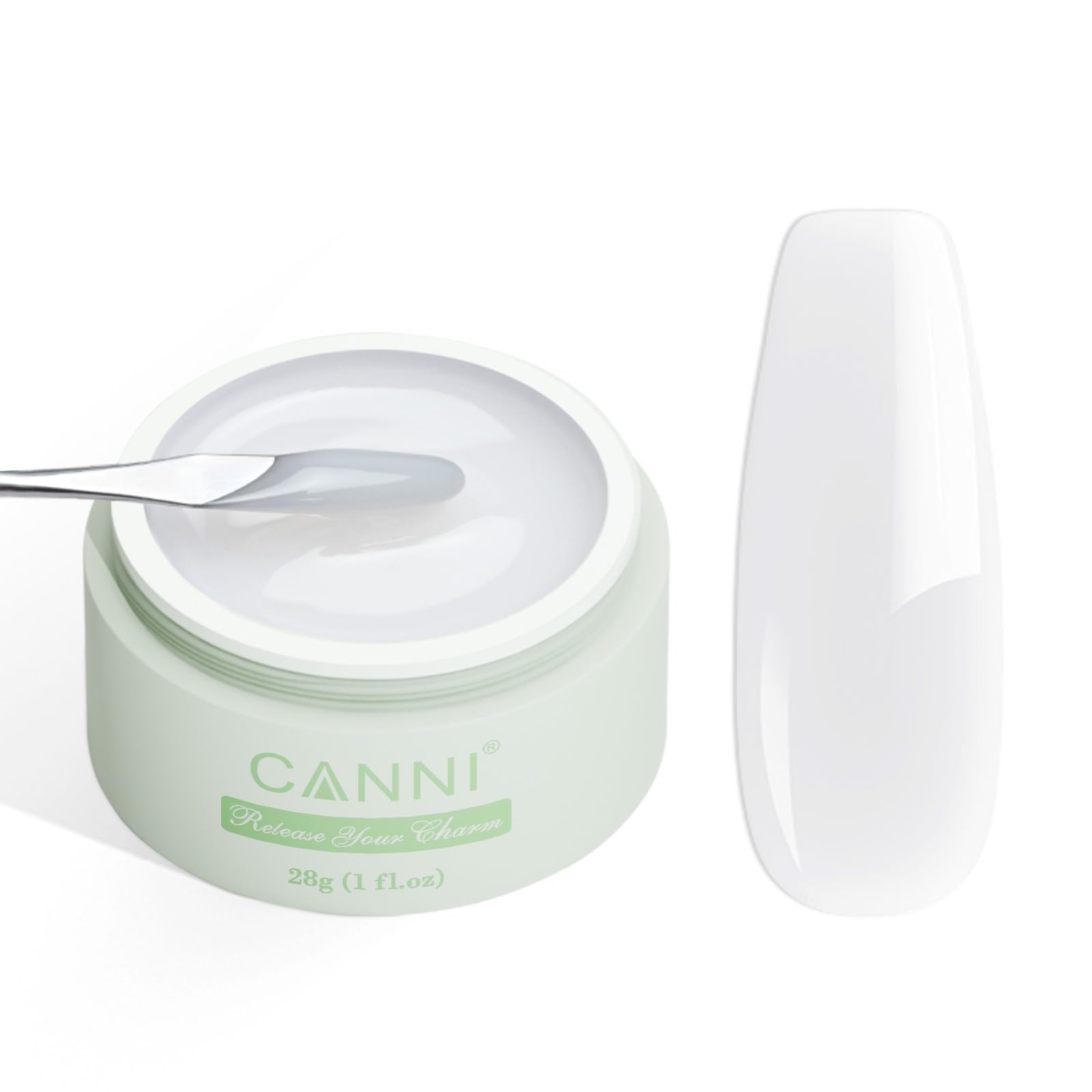 CANNI Builder Gel milky white bottle provides a strong base for lasting nail overlays.