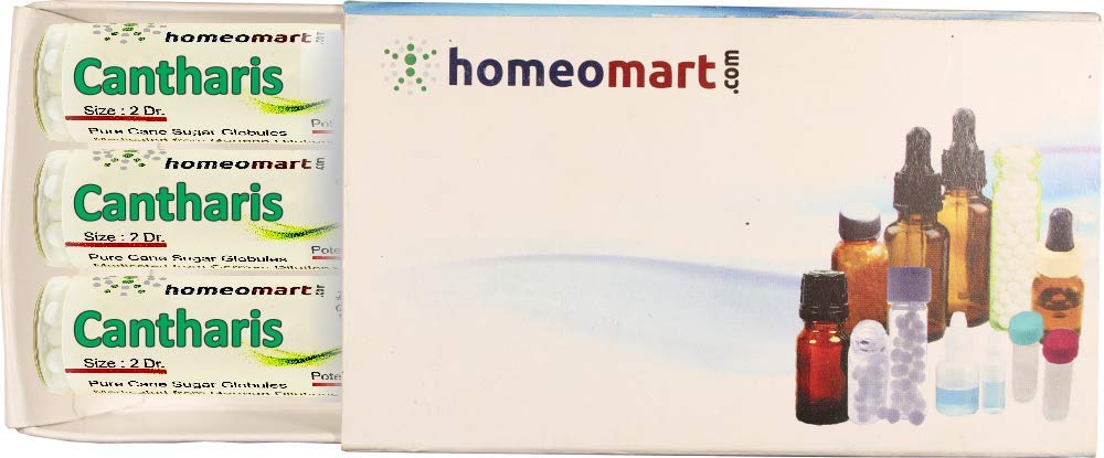 Cantharis 30C homeopathy pellets in a glass vial, pack of 3