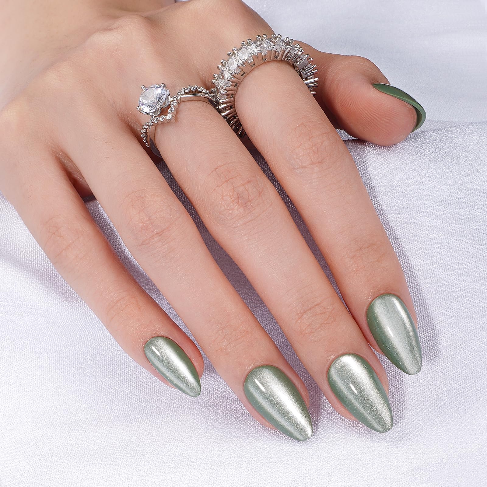 Canvalite cat eye press on nails short almond green easy application