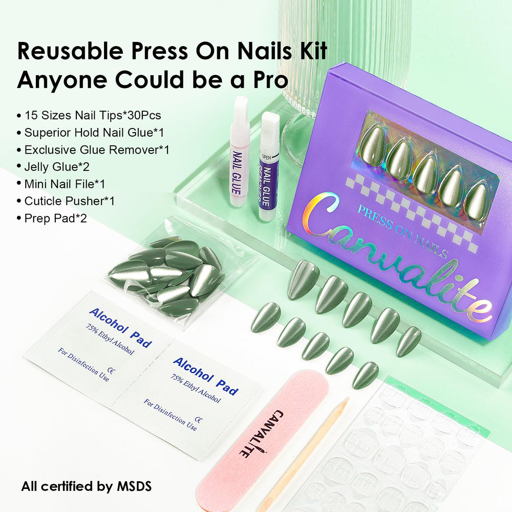 Canvalite cat eye press on nails short almond green durable finish