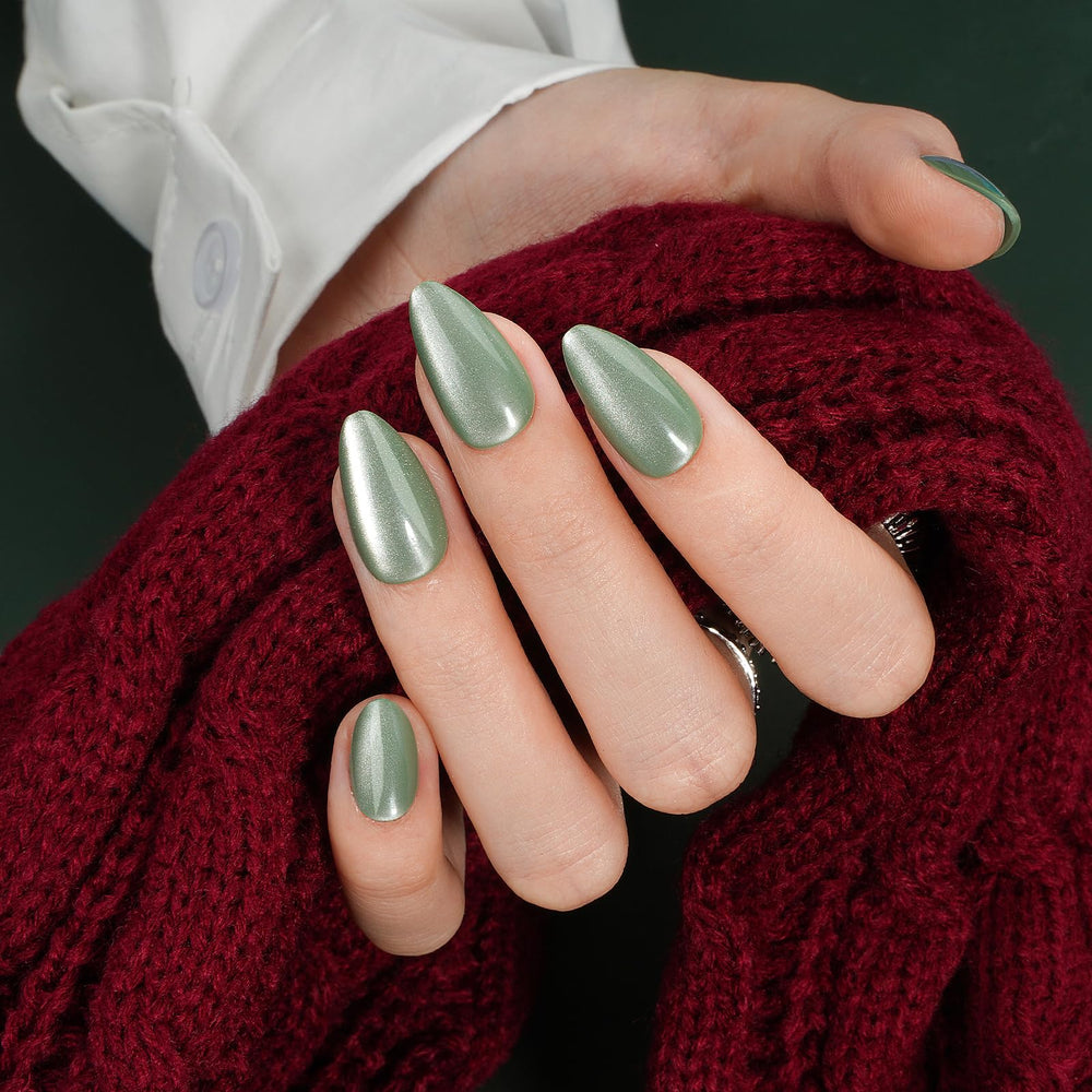 Canvalite cat eye press on nails short almond green chip-resistant