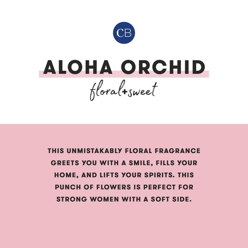 Aloha Orchid candle label showing orchid, jasmine, gardenia notes
