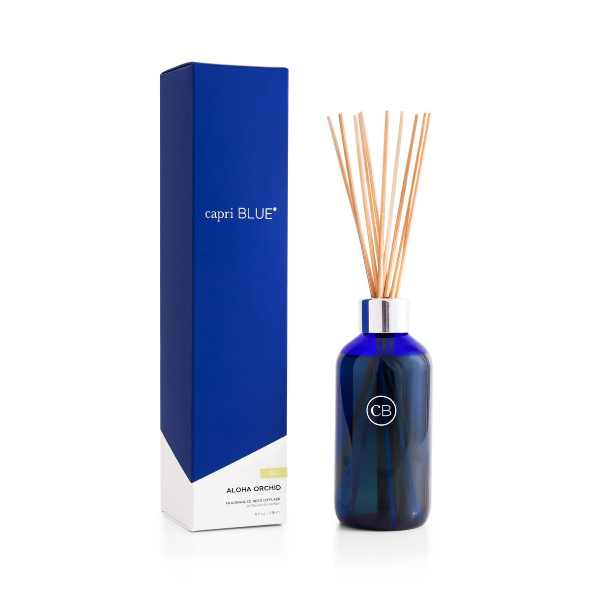 Capri Blue Aloha Orchid reed diffuser in cobalt blue bottle (8 oz)