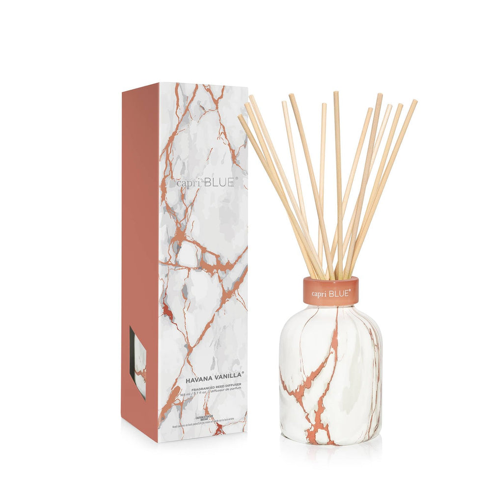 Capri Blue Havana Vanilla Modern Marble Reed Diffuser Set bottle with clear glass and marble accents