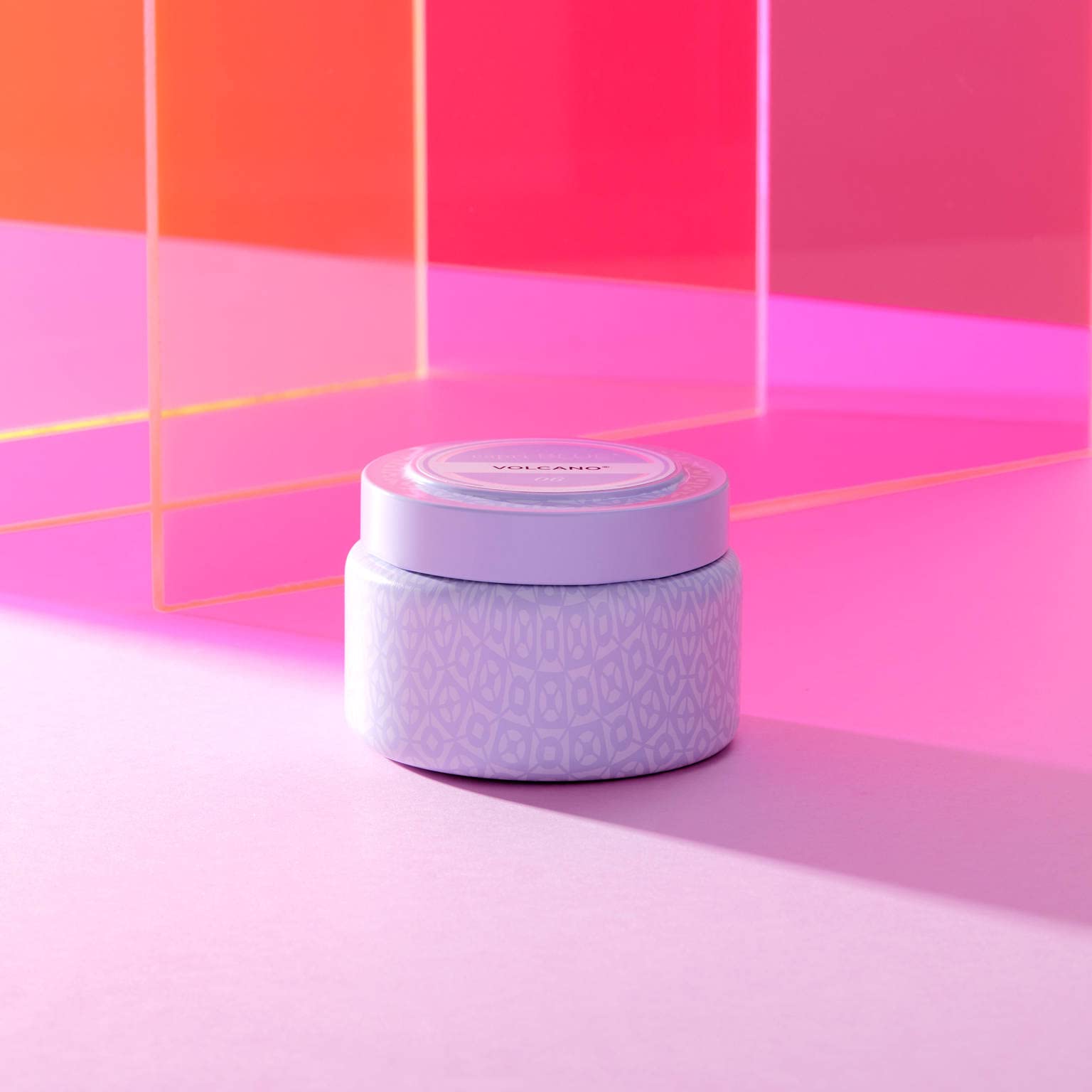 Lavender color Volcano travel tin candle front label