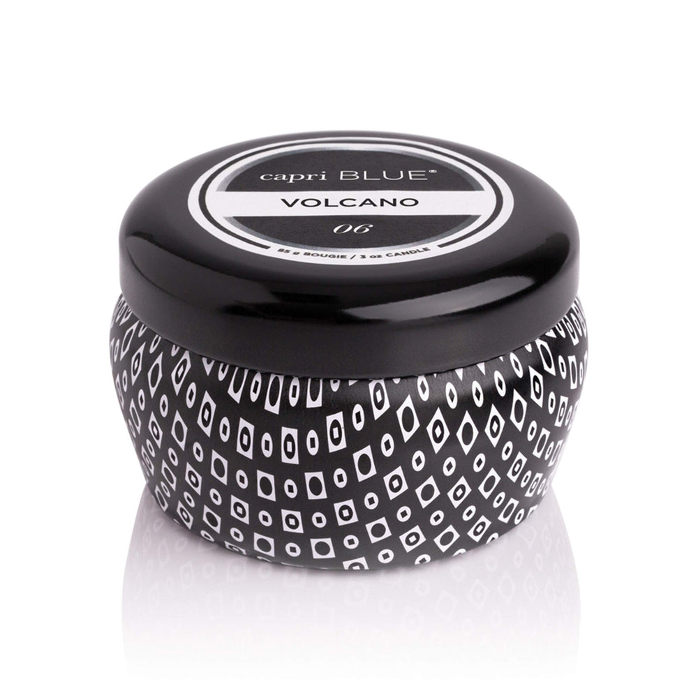Capri Blue Volcano mini tin candle 3oz black jar - front view