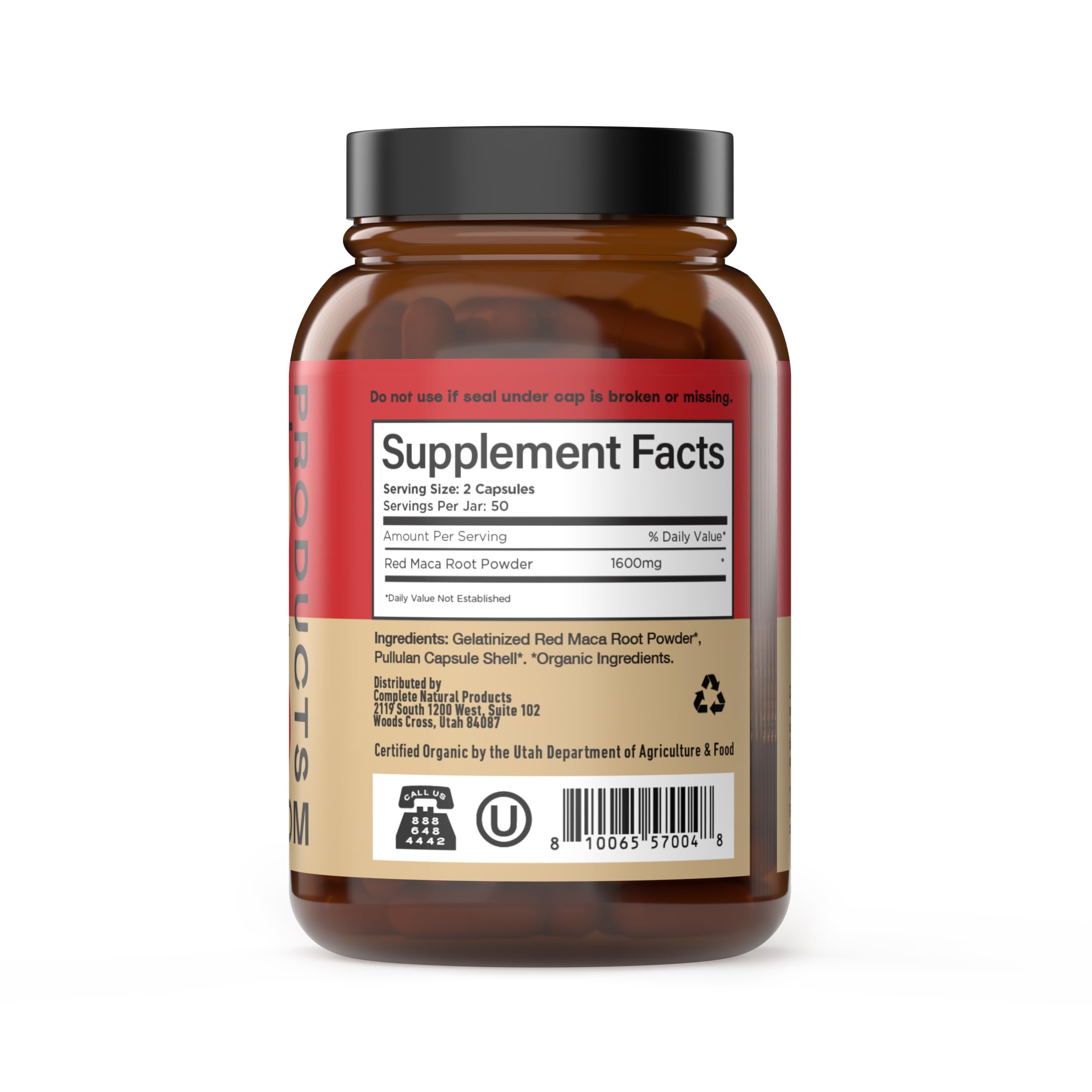 Close-up of 800mg red maca root capsules