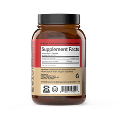 Close-up of 800mg red maca root capsules