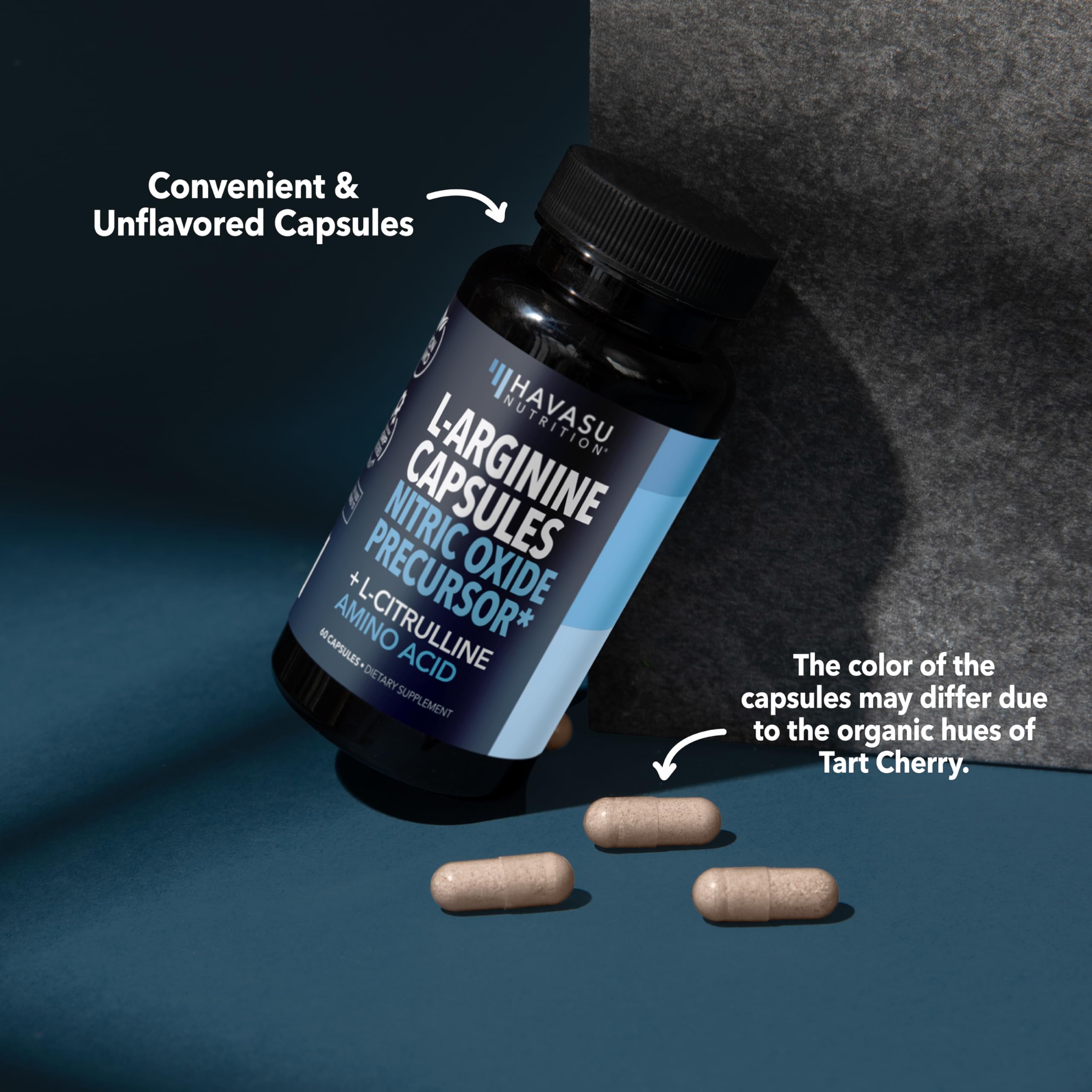 Close-up of L-Arginine and L-Citrulline capsules