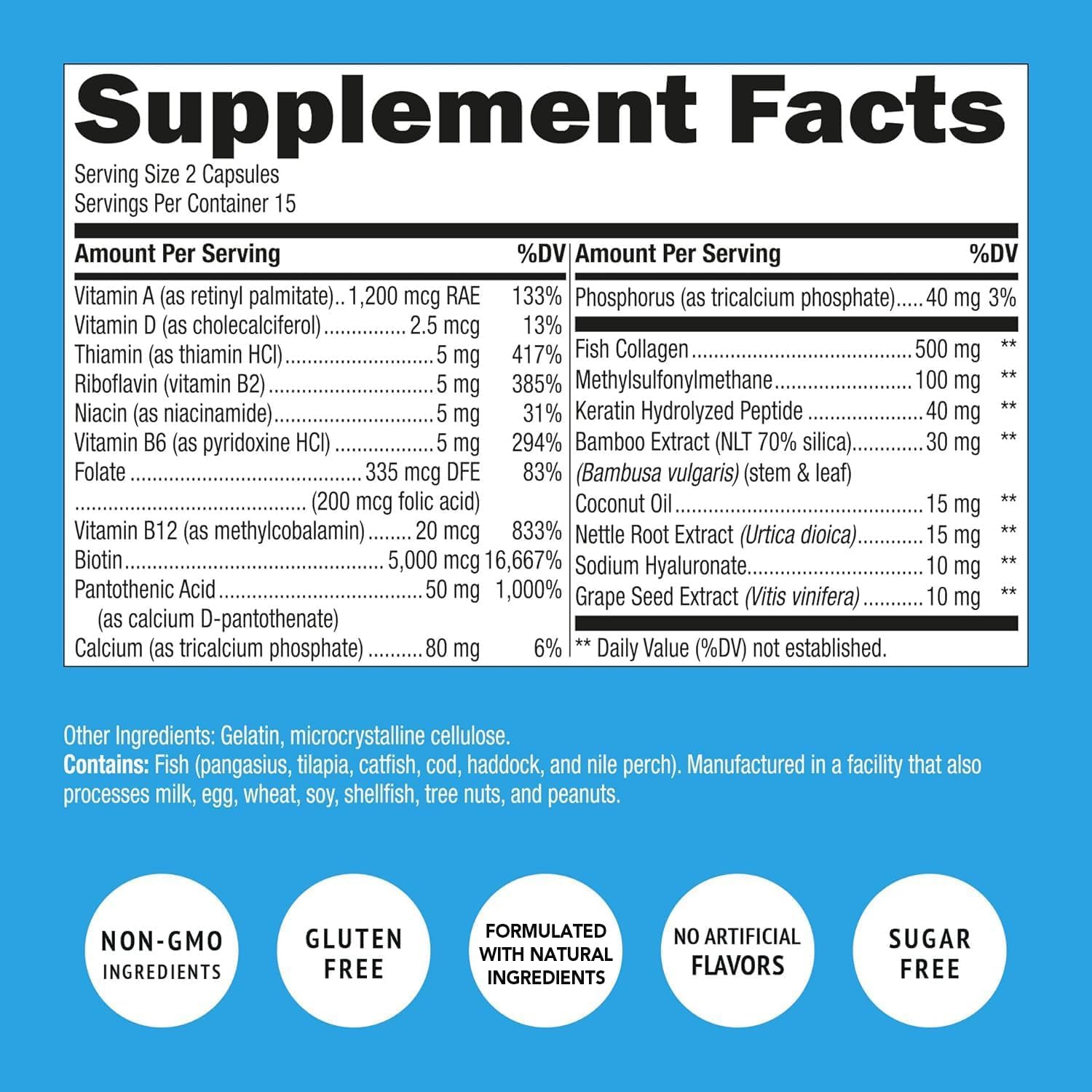 Capsules inside a bottle for biotin, collagen and keratin