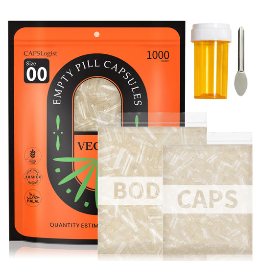 Size 00 vegan empty capsules separated with spoon and medicine bottle