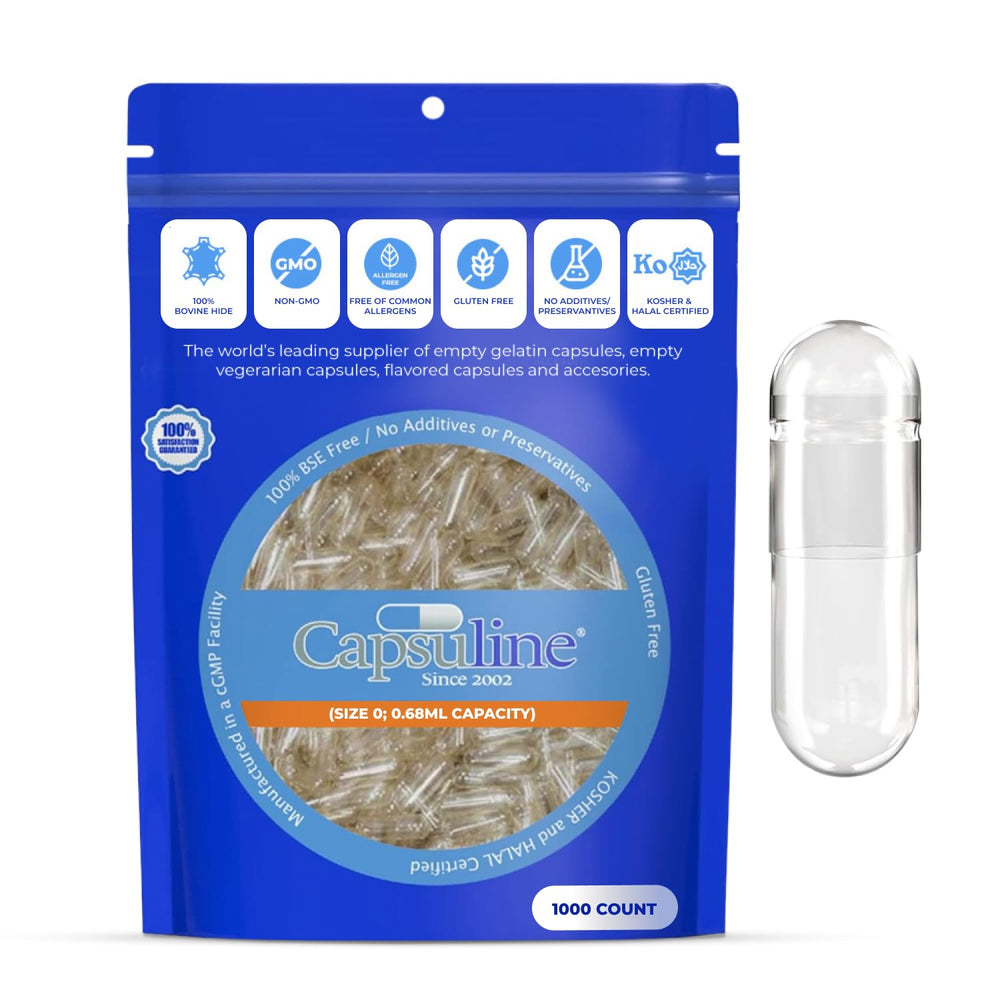 Capsuline Size 0 empty gelatin capsules – clear, 1000 count front view