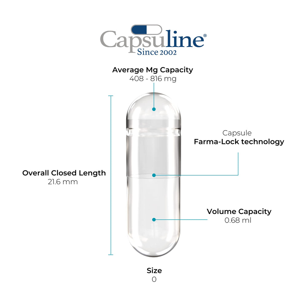 Front view of Capsuline size 0 empty gelatin capsules, clear, 1000-count
