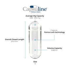 Front view of Capsuline size 0 empty gelatin capsules, clear, 1000-count