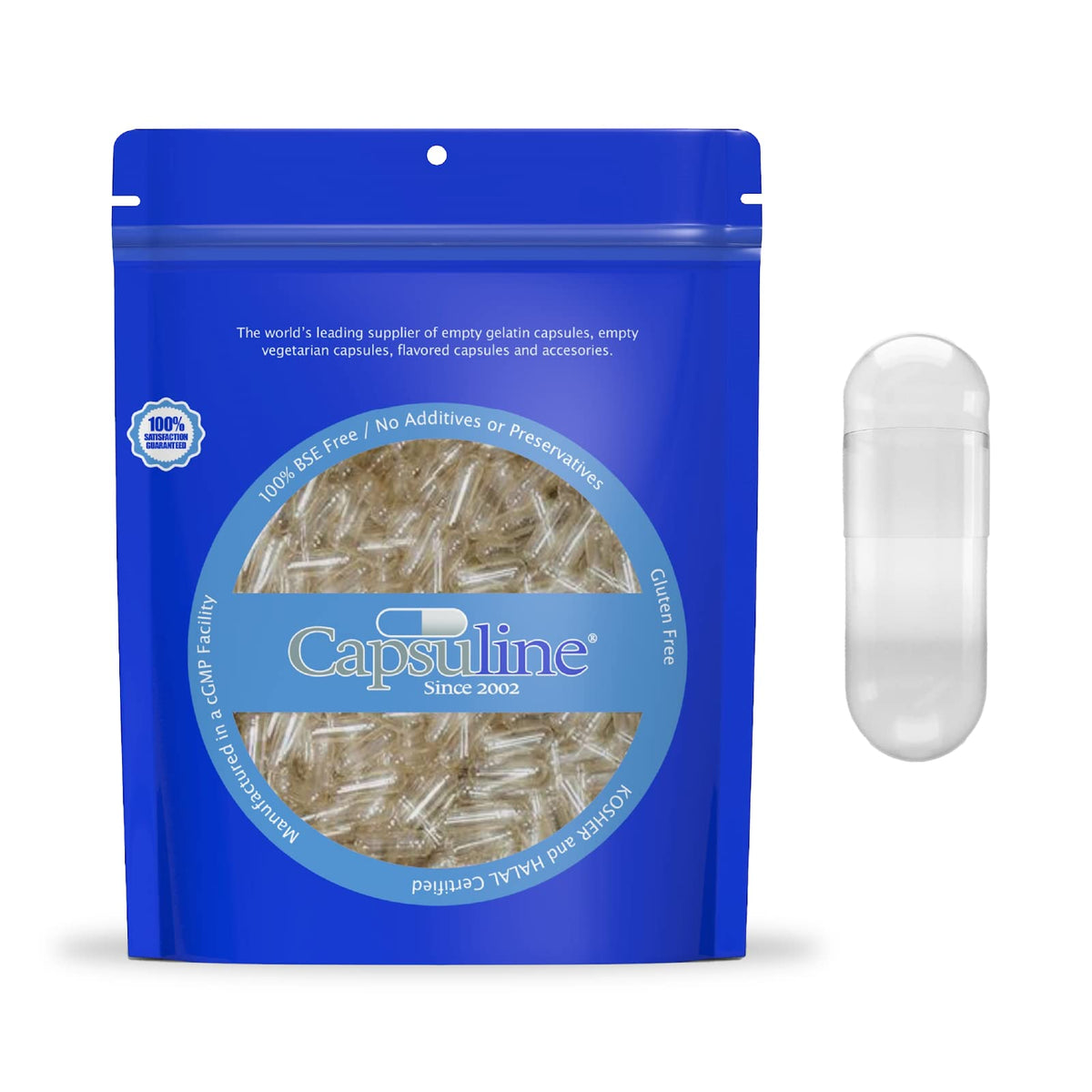 Capsuline size 000 gelatin empty capsules in clear packaging, 10,000 count