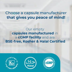 Capsuline Size 2 clear empty gelatin capsules showing kosher, halal, gluten-free, non-GMO attributes