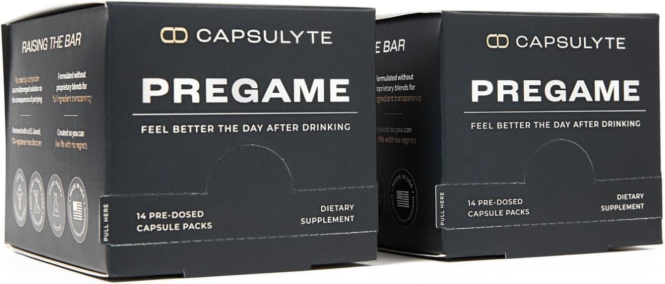 Capsulyte Pregame box packaging ready for a night out and smoother morning