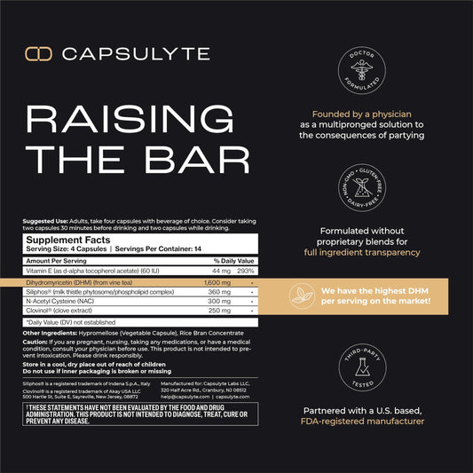 CAPSULYTE Pregame capsules close-up for easy post-drinking routine