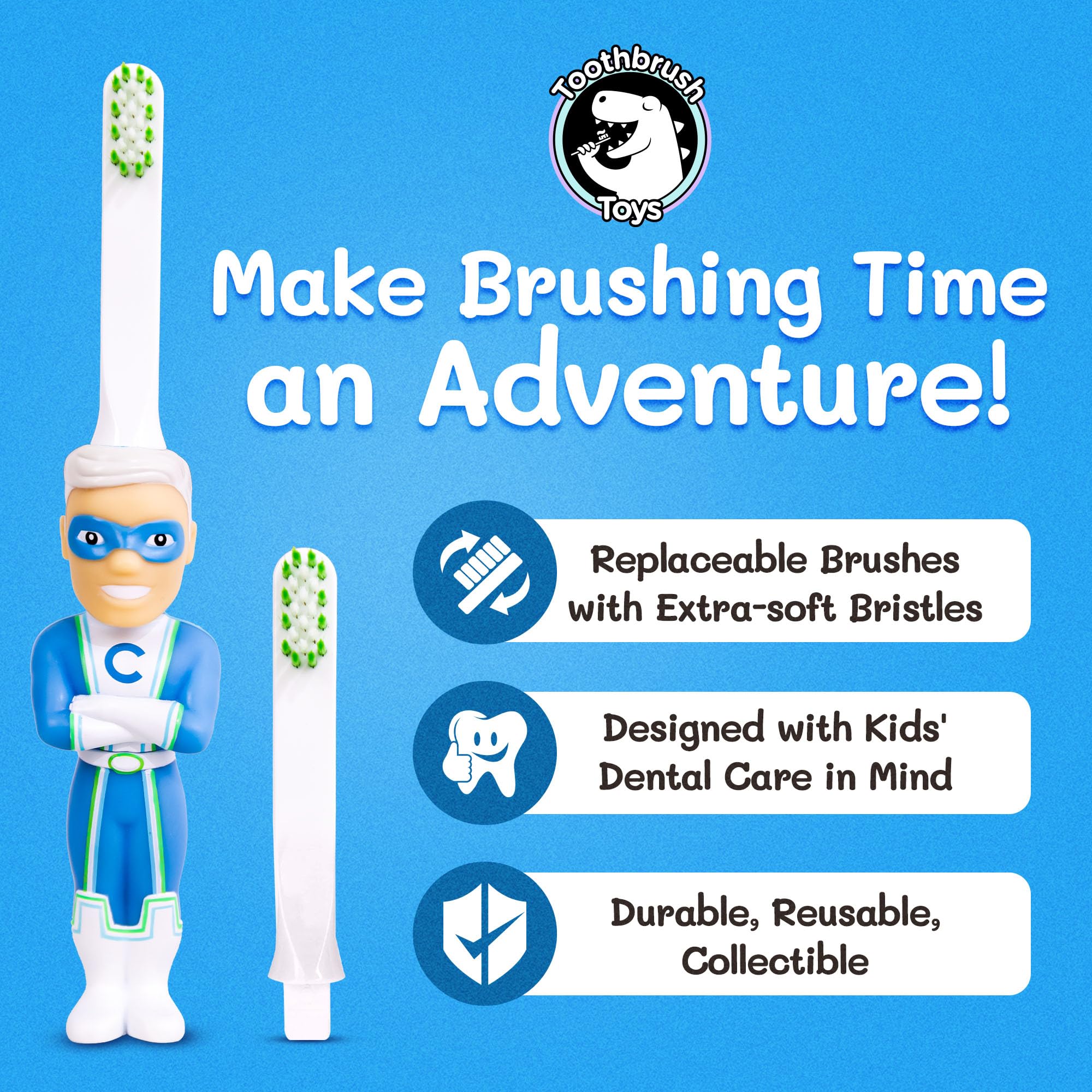 Ergonomic handle on Captain Cavity superhero toothbrush for kids