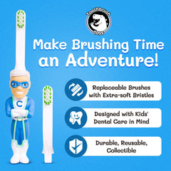 Ergonomic handle on Captain Cavity superhero toothbrush for kids