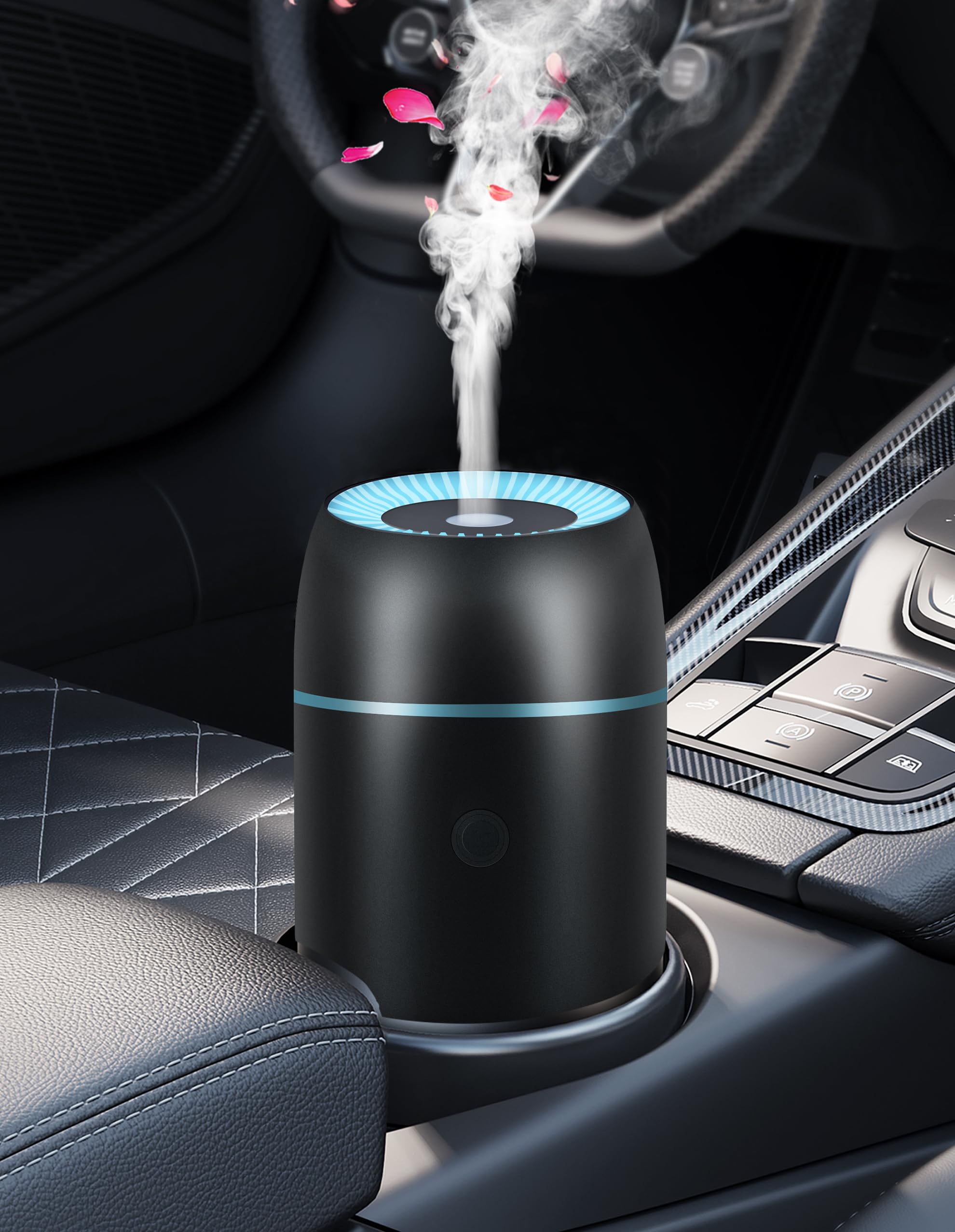 Black portable car diffuser with aluminum body and 100ml water tank