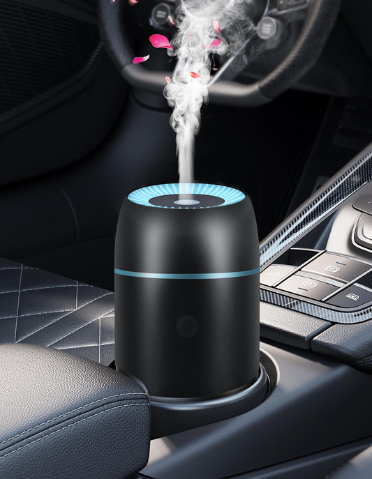 Black portable car diffuser with aluminum body and 100ml water tank