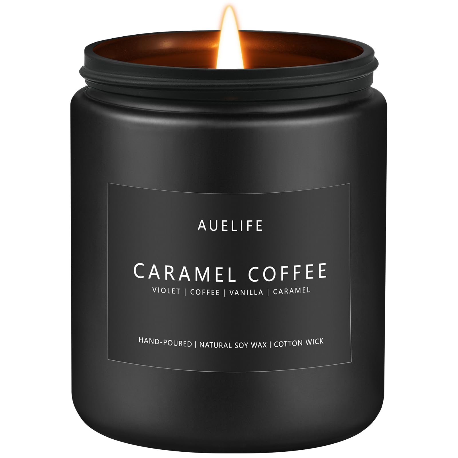 Caramel Coffee Candle in a matte black container on a wooden surface