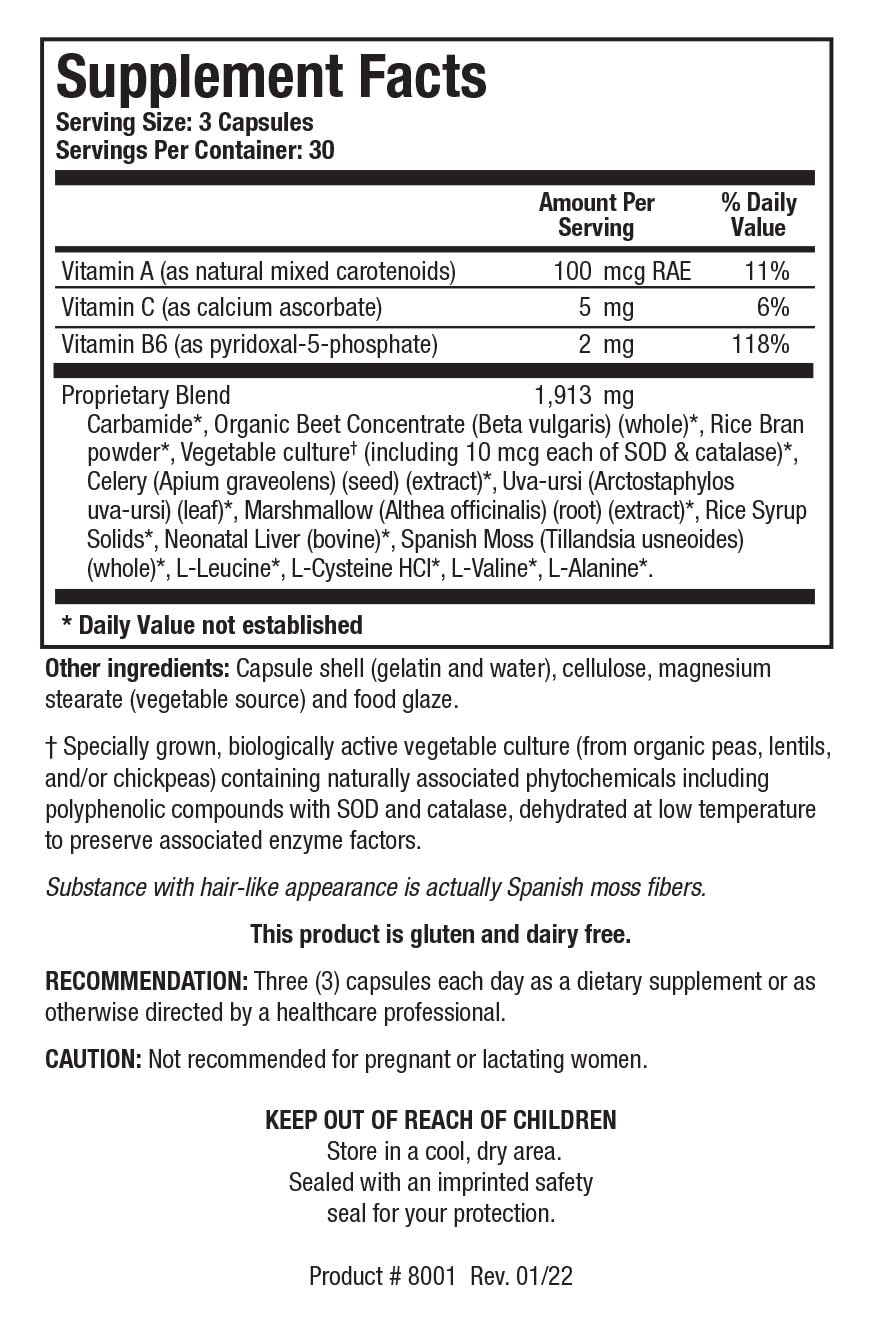Back label panel of Carbamide Plus 90 capsules bottle