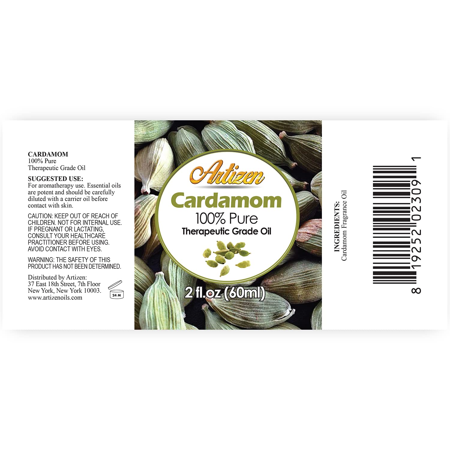 Close-up of cardamom essential oil bottle label