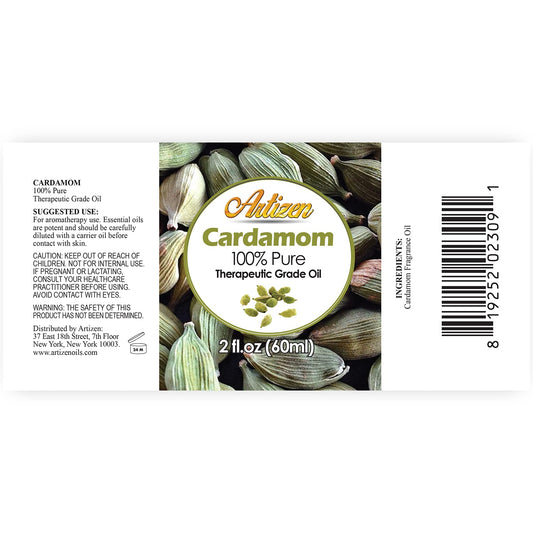 Close-up of cardamom essential oil bottle label