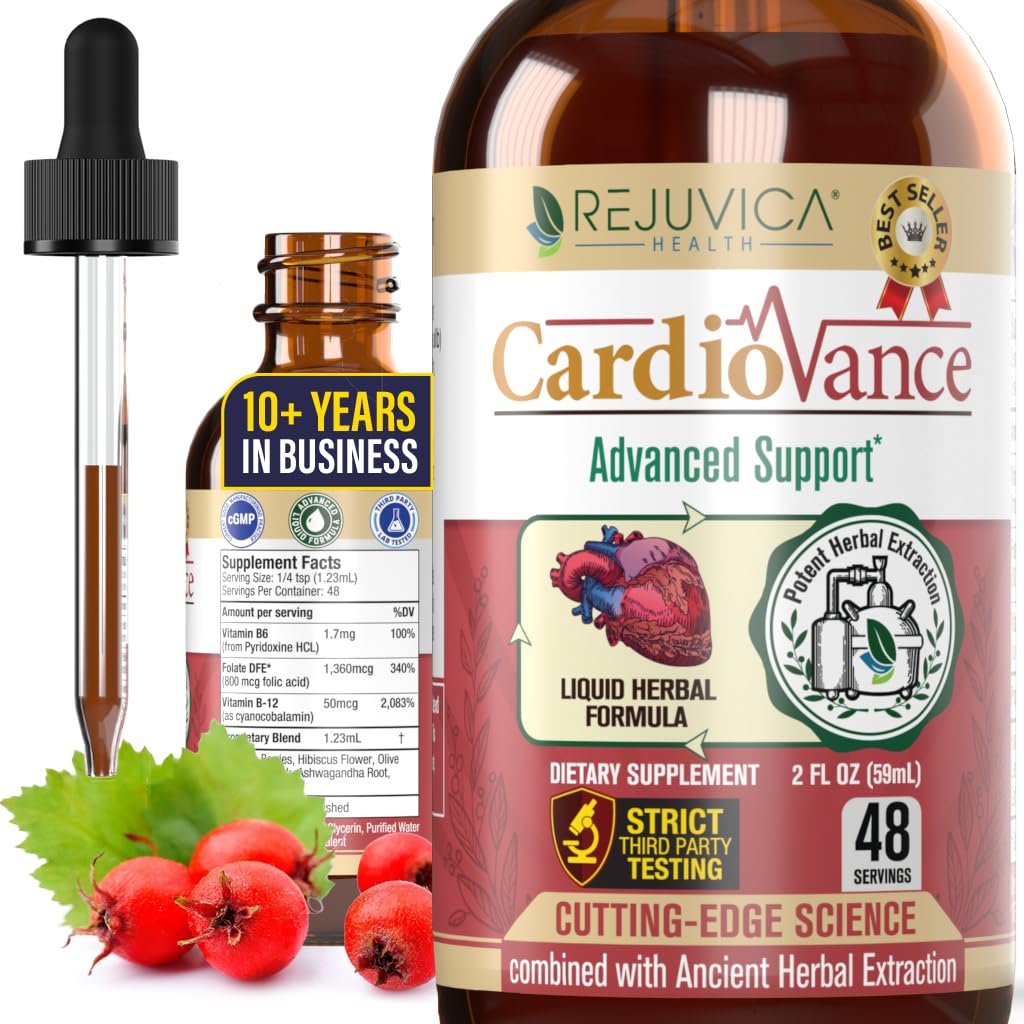 Bottle of Rejuvica Health CardioVance heart support liquid supplement.