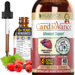 Bottle of Rejuvica Health CardioVance heart support liquid supplement.