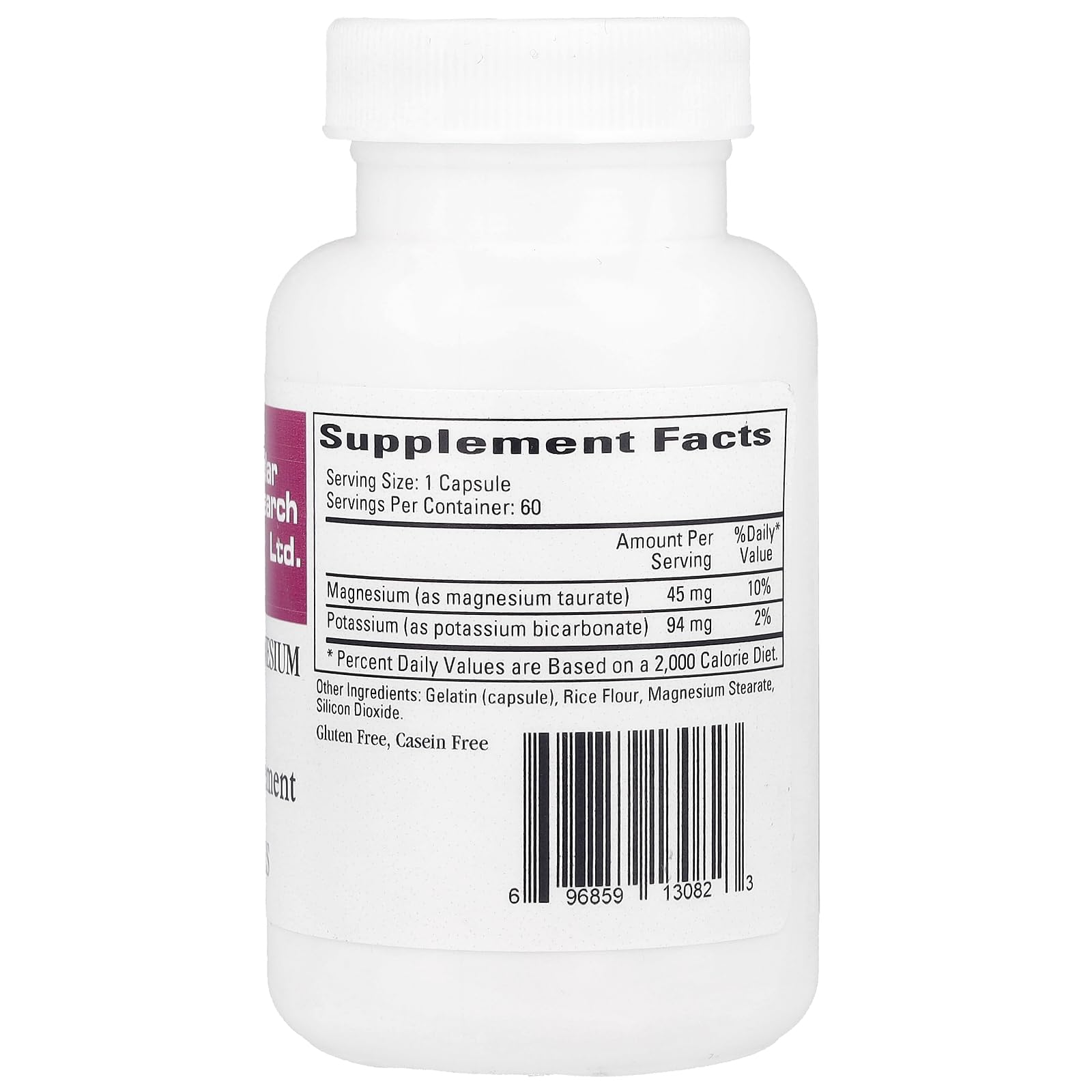 Side view of Cardiovascular Research Magnesium-Potassium Taurate bottle 60 Count