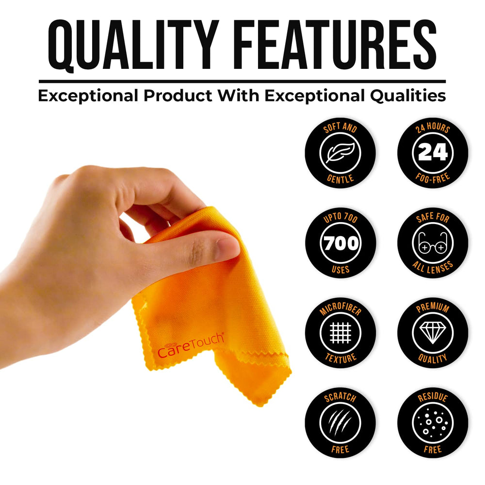 Glasses being cleaned with Care Touch anti-fog dry cloth