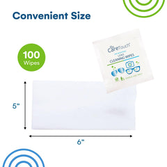 Wipes sized 5 x 6 inches for eyeglasses, sunglasses, and camera lenses