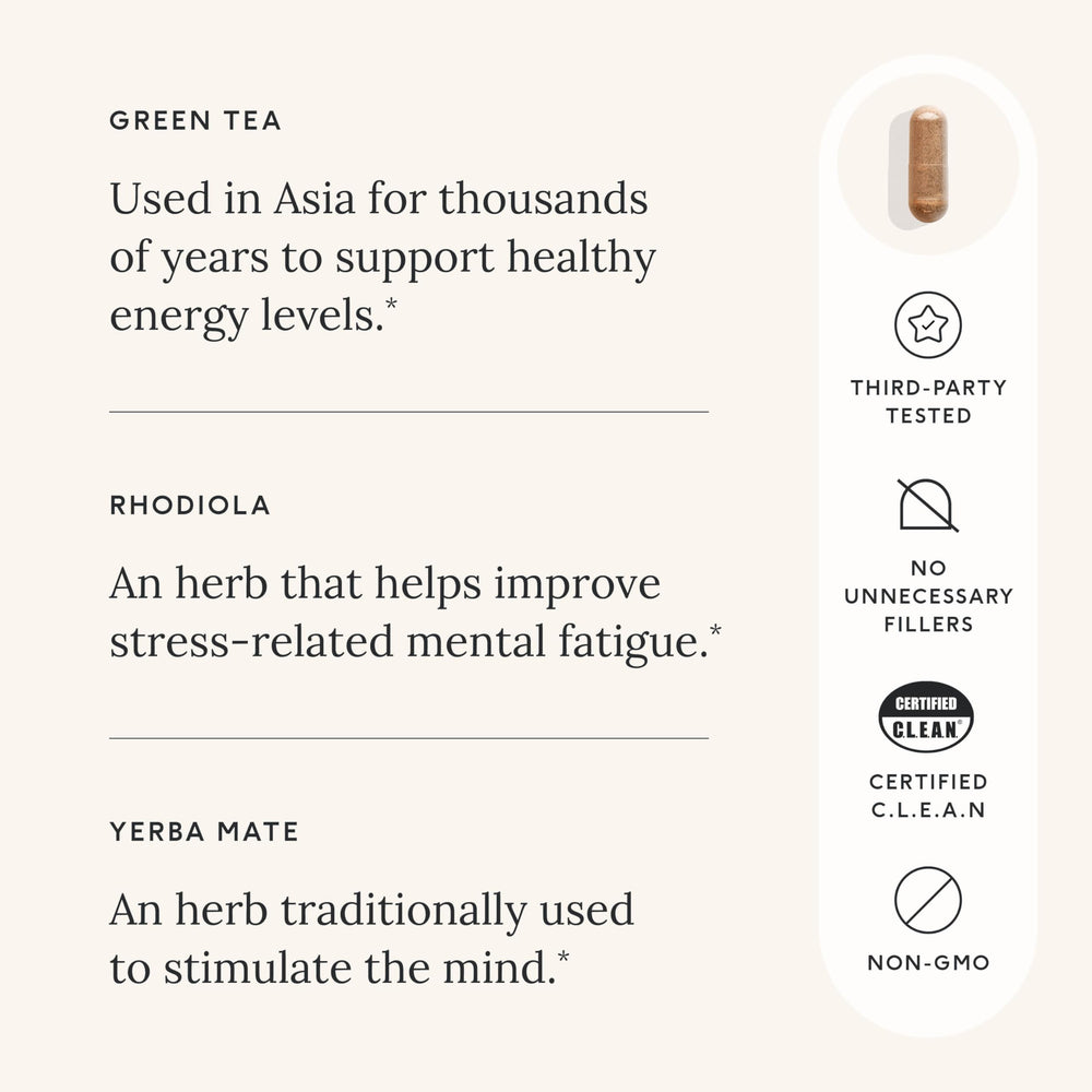 Green tea, rhodiola, and yerba mate herbal ingredients